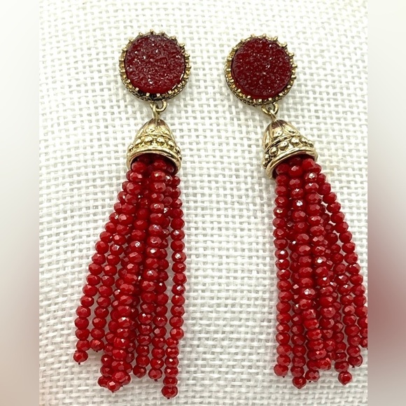Red Drusey Gold Tone Earrings with Sparkling Long Beaded Tassels Rich Red Color - Picture 6 of 9